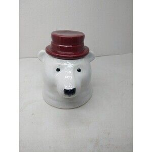 THRESHOLD POLOR BEAR STONEWARE WHITE WITH RED TOPHAT COOKIE/ TREAT JAR USED